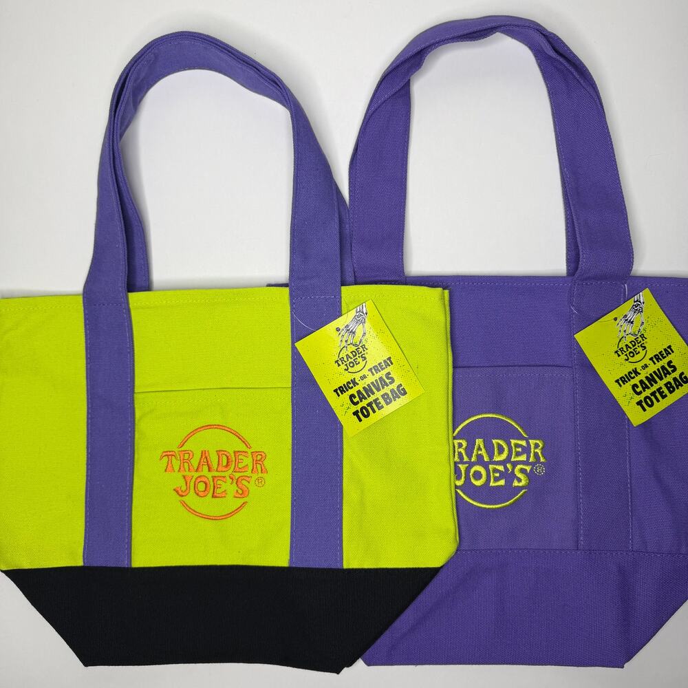 SET of 2! Trader Joe’s MINI HALLOWEEN Tote Bags Trick or Treat Multicolor Purple